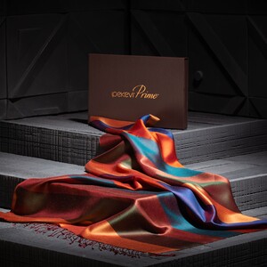 ipekevi - شال حرير فاخر ذو وجهين مخطط لون برتقالي