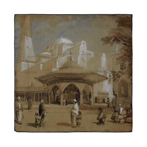 Viev of Hagia Sophia Mosque and Shadirvan Fountain Satin Silk Pocket Square - Thumbnail