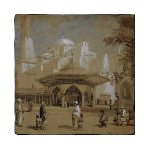 Viev of Hagia Sophia Mosque and Shadirvan Fountain Satin Silk Pocket Square