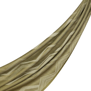 Walnut Green Ethnic Zigzag Wool Silk Scarf - Thumbnail