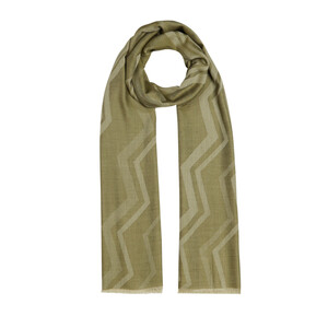 Walnut Green Ethnic Zigzag Wool Silk Scarf - Thumbnail