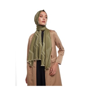 Walnut Green Ethnic Zigzag Wool Silk Scarf - Thumbnail