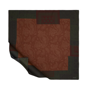 Walnut Green Patchwork Patterned Twill Silk Scarf - Thumbnail