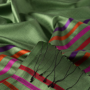 Walnut Green Thin Striped Silk Scarf - Thumbnail