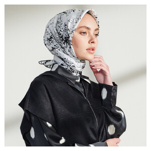 White Black Marble Print Silk Twill Scarf - Thumbnail