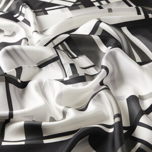White Black Minimalist Striped Twill Silk Scarf - Thumbnail