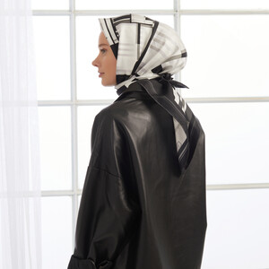 White Black Minimalist Striped Twill Silk Scarf - Thumbnail