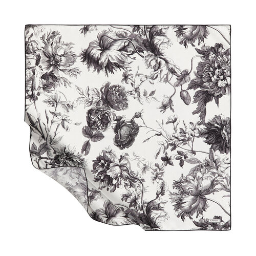 White Black Vintage Garden Print Silk Twill Scarf