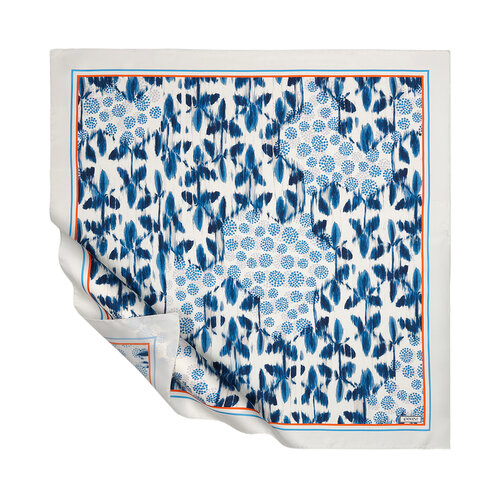 White Blue Abstrackt Ikat Twill Silk Scarf