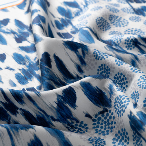 White Blue Abstrackt Ikat Twill Silk Scarf