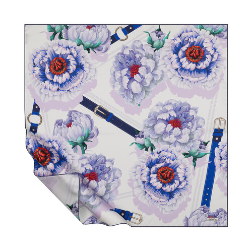 White Blue Atlas Rose Print Twill Silk Scarf