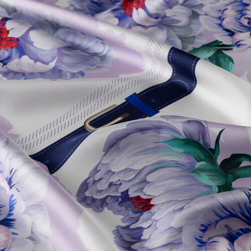 White Blue Atlas Rose Print Twill Silk Scarf