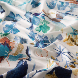 White Blue Botanic Garden Print Silk Scarf - Thumbnail