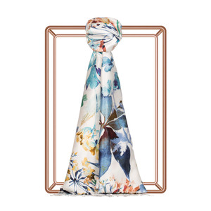 White Blue Botanic Garden Print Silk Scarf - Thumbnail