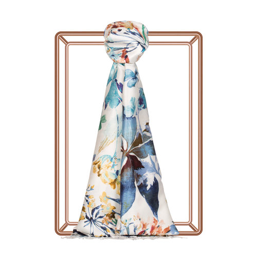 White Blue Botanic Garden Print Silk Scarf