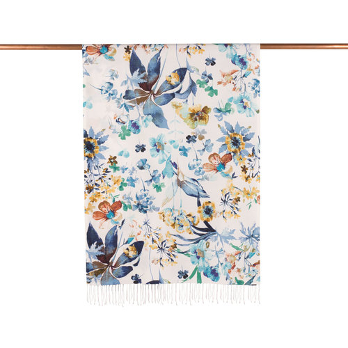 White Blue Botanic Garden Print Silk Scarf