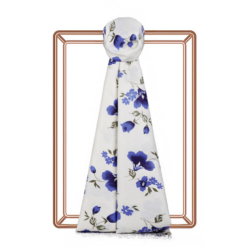 White Blue Clematis Print Silk Scarf
