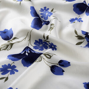 White Blue Clematis Print Silk Scarf - Thumbnail