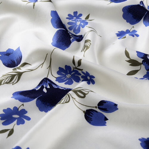 White Blue Clematis Print Silk Scarf