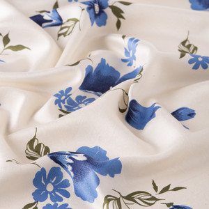 White Blue Clematis Print Silk Scarf - Thumbnail