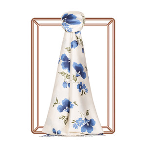 White Blue Clematis Print Silk Scarf - Thumbnail