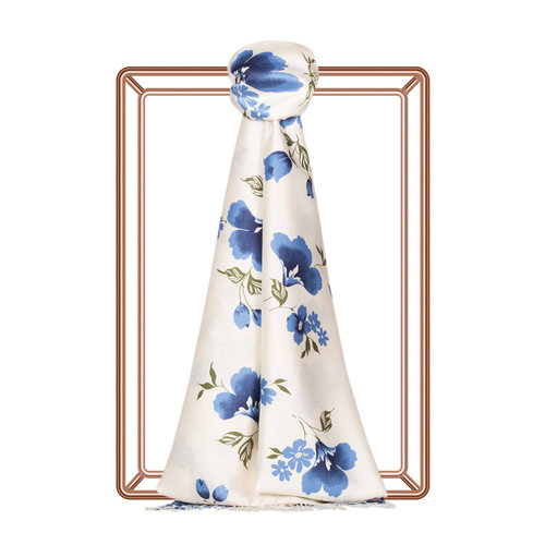 White Blue Clematis Print Silk Scarf