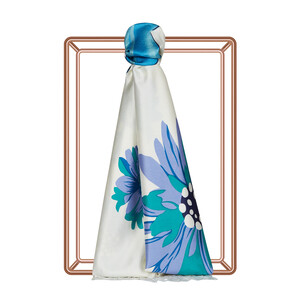 White Blue Echinacea Print Silk Shawl - Thumbnail