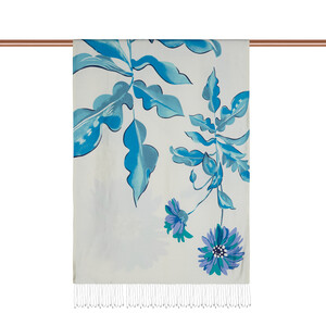 White Blue Echinacea Print Silk Shawl - Thumbnail