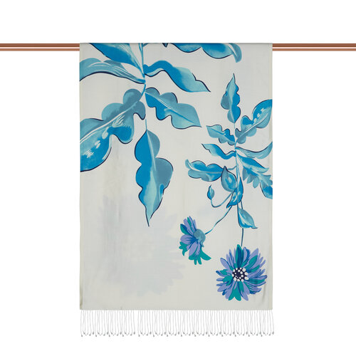 White Blue Echinacea Print Silk Shawl