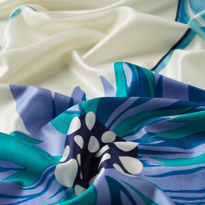 White Blue Echinacea Print Silk Shawl - Thumbnail