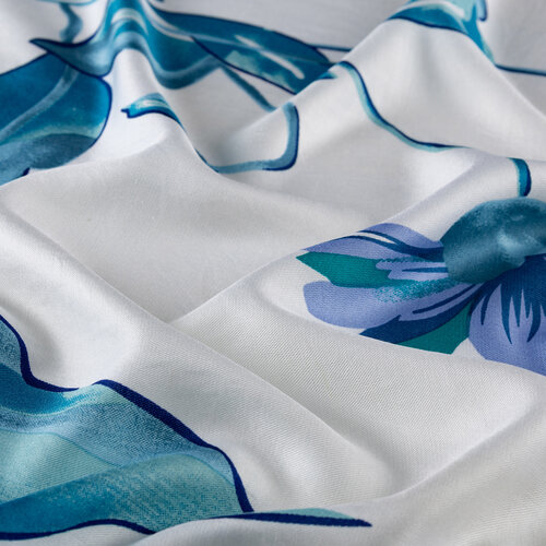 White Blue Echinacea Print Silk Shawl