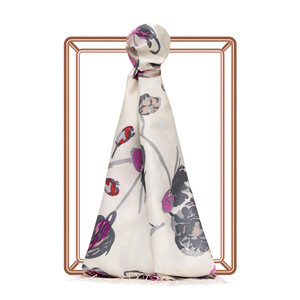 White Charcoal Rose Print Silk Scarf - Thumbnail