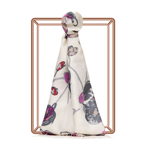 White Charcoal Rose Print Silk Scarf