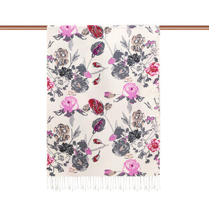 White Charcoal Rose Print Silk Scarf - Thumbnail