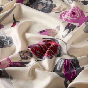 White Charcoal Rose Print Silk Scarf - Thumbnail