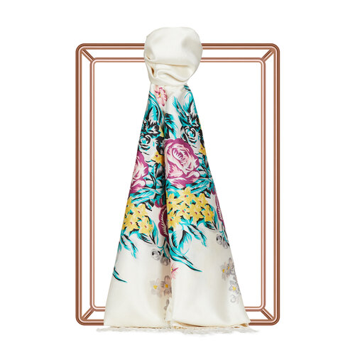 White Fuchsia Palace Garden Print Silk Scarf