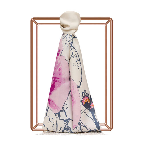White Fucshia Wild Rose Print Silk Scarf