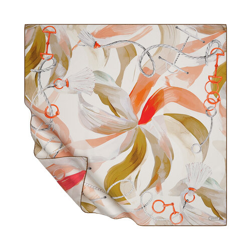 White Khaki Swirling Petals Twill Silk Scarf