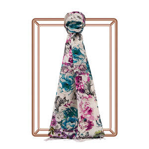 White Menthol Fleur Print Silk Scarf - Thumbnail