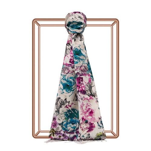White Menthol Fleur Print Silk Scarf