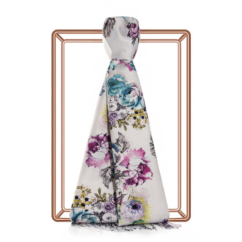 White Menthol Fleur Print Silk Scarf