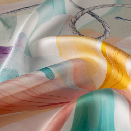 White Menthol Swirling Petals Twill Silk Scarf
