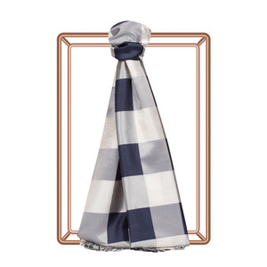 White Navy Buffalo Checked Silk Scarf - Thumbnail