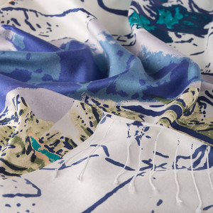 White Navy Wild Rose Print Silk Scarf - Thumbnail