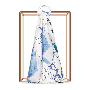 White Navy Wild Rose Print Silk Scarf - Thumbnail