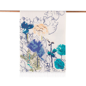 White Navy Wild Rose Print Silk Scarf - Thumbnail
