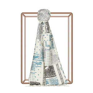 White Patchwork Patterned Silk Scarf - Thumbnail