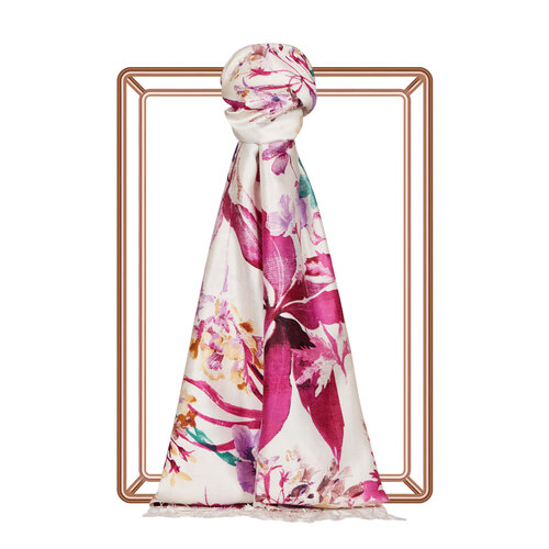 White Purple Botanic Garden Print Silk Scarf