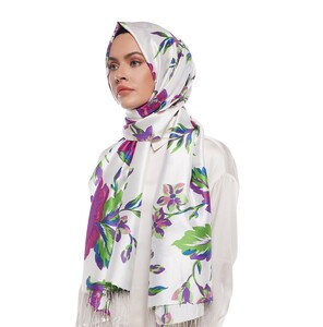 White Purple Queen of the Night Print Silk Scarf - Thumbnail
