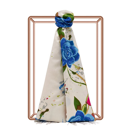 White Summer Garden Print Silk Scarf